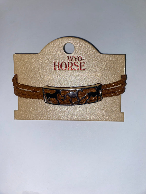 WYO Horse-Inc 3 Horse pendent on Brown Cord Bracelet JB030BW