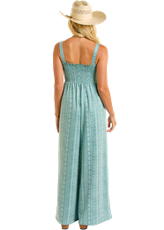 Rock & Roll Denim Ladies Smocked Jumpsuit - Jade - BWR6J06294