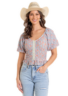 Rock & Roll Denim Ladies Floral Lace Puff Sleeve Top - Floral/Turquoise - BW51T06267