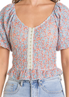 Rock & Roll Denim Ladies Floral Lace Puff Sleeve Top - Floral/Turquoise - BW51T06267