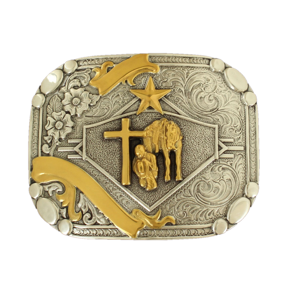 Nocona Mens Silver Gold Praying Cowboy Ribbon Belt Buckle 37402