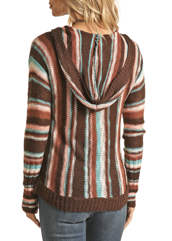 Ladies Rock & Roll Boho Striped Knit Hoodie Sweater RRWT94R04P