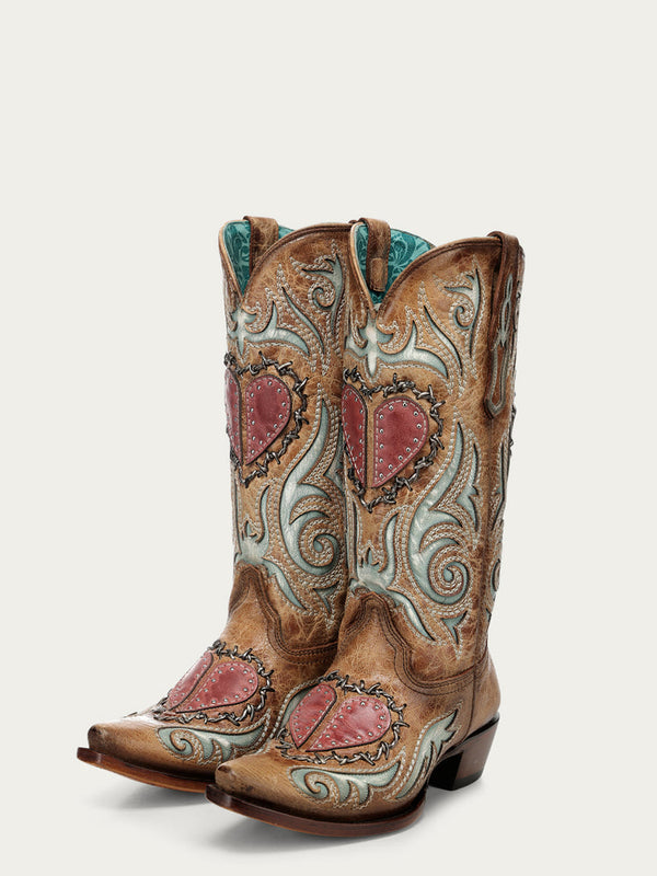 Corral Ladies Sand Heart Inlay and Barbed Wire Woven Western Boots-A5090