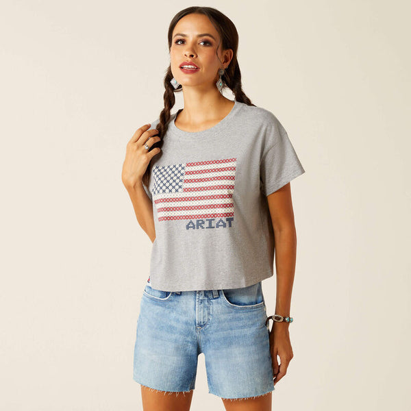 Ariat Ladies Homespun Flag T-Shirt - Heather Grey - 10051298