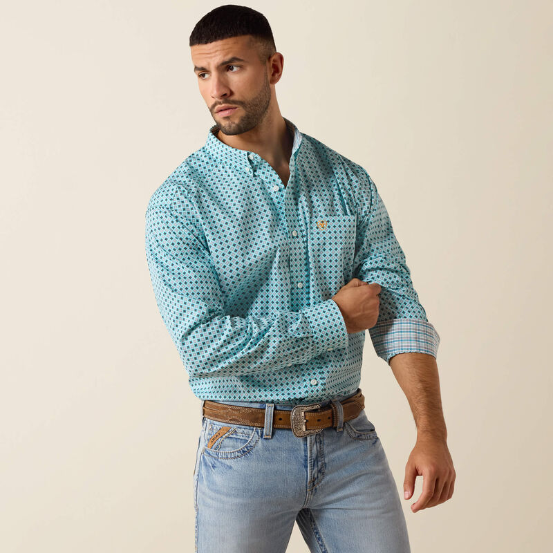 Ariat Mens Angel Blue Geo Print Wrinkle Free Classic Fit Shirt-10071027