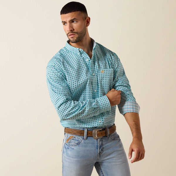 Ariat Mens Angel Blue Geo Print Wrinkle Free Classic Fit Shirt-10071027