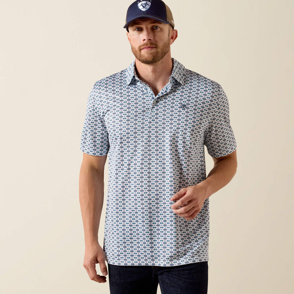Ariat Mens White Southwest Print All Over Print Classic Fit Polo-10071493
