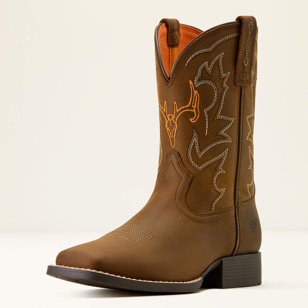 Ariat Youth Deer Ridge Wide Square Toe Western Boot - Distressed Brown - 10074193