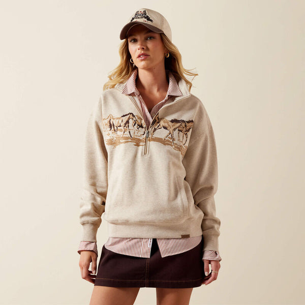 Ariat Ladies Running Wild 1/2 Zip Sweatshirt Oatmeal Heather 10079255