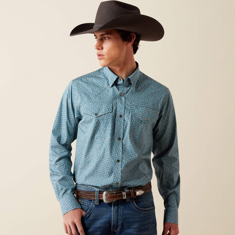 Ariat Men's Wrinkle Free Bram Fitted Snap Shirt Corsair Blue Floral 10079659