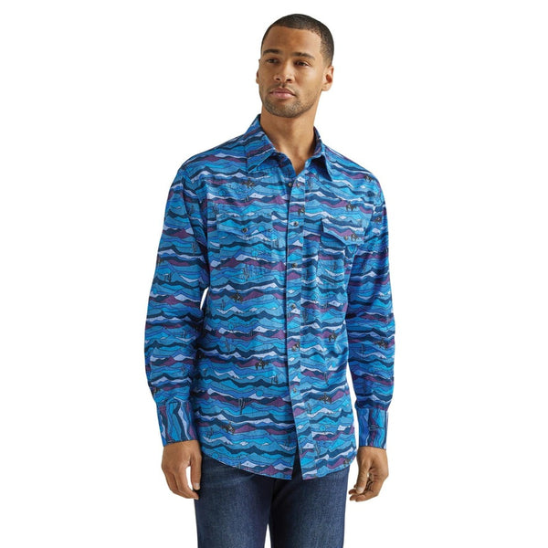 Wrangler Men's Way Out West Blue Cowboy Long Sleeve Shirt 112338178