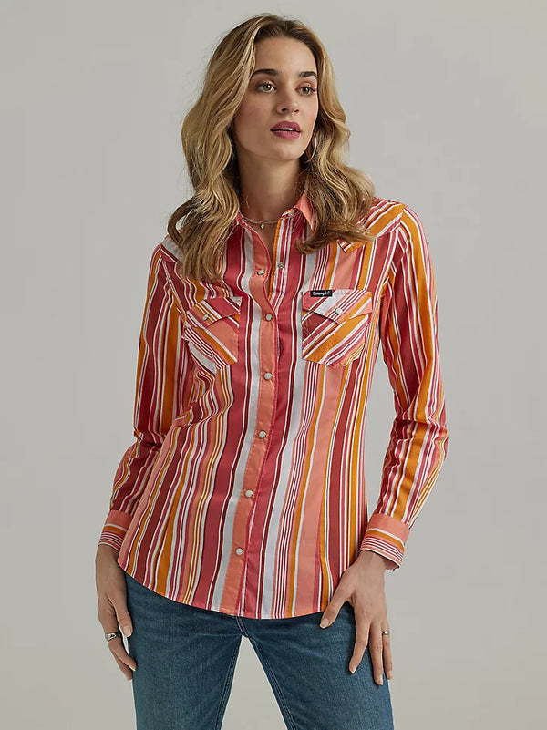 Wrangler Ladies Long Sleeve Coral Stripe Snap Shirt 112345310