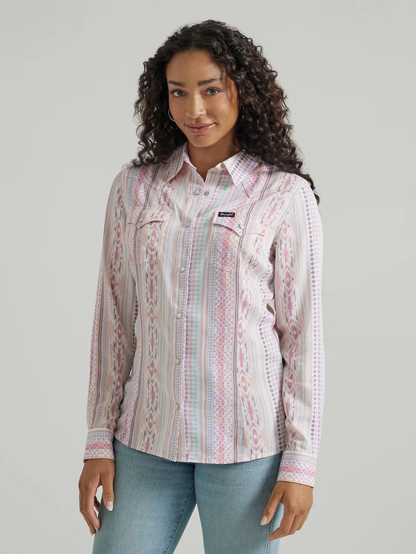 Wrangler Women's Retro Longsleeve Southwestern Print Western Snap - Rayon Shirt Pink Geo 112347205
