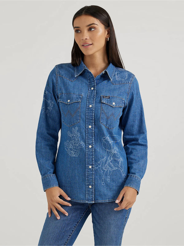 Wrangler Women's Lasered Icons Cowboy Denim Snap Shirt