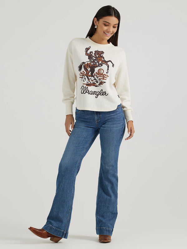 Wrangler Ladies Bucking Cowboy Waffle Thermal Shirt - White
