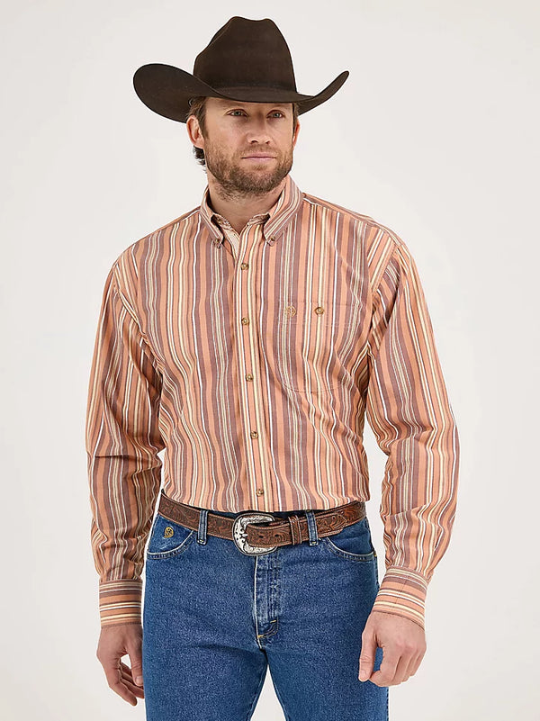 Wrangler Men's George Strait Long Sleeve Stripe Button Down - Earth Brown Stripe - 112359952