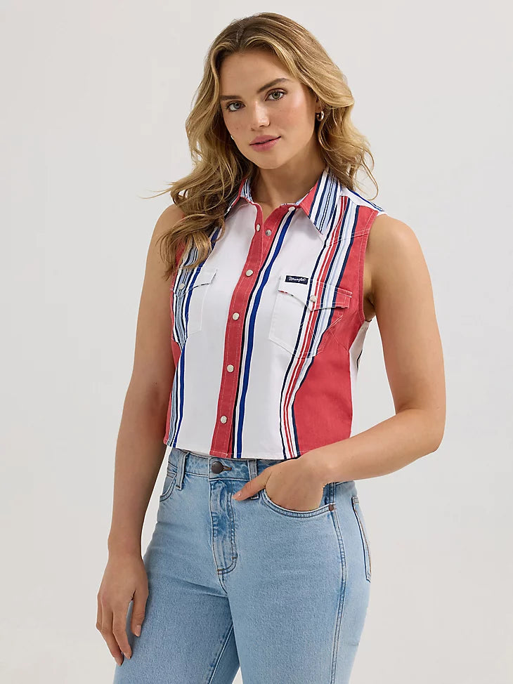 Wrangler Ladies Brushpopper Stripe Slim Crop Snap Tank-112362249