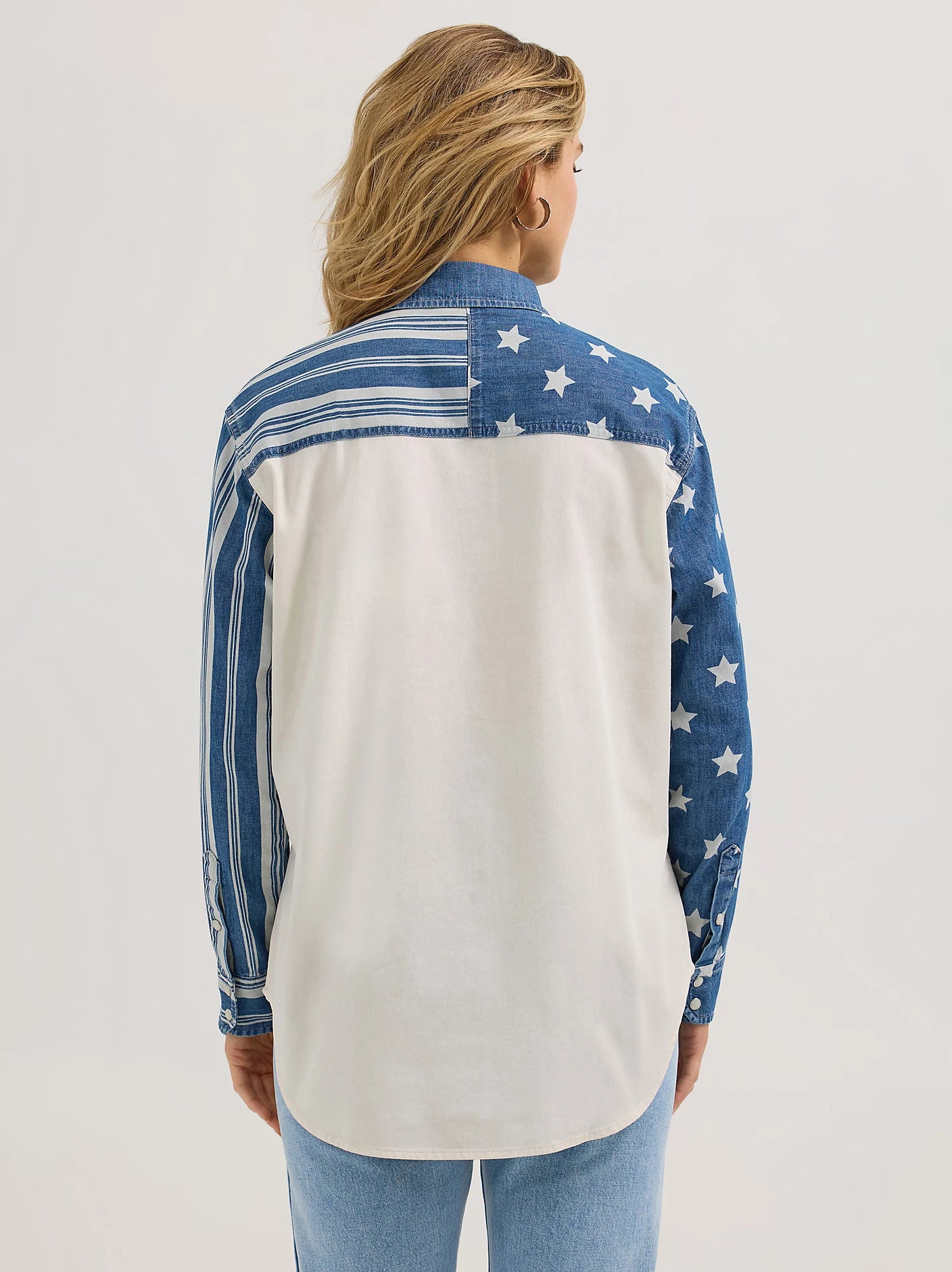 Wrangler Ladies Pieced Boyfriend Denim Western Snap Shirt - Stars N Stripes - 112362252