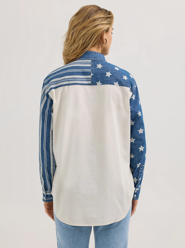 Wrangler Ladies Pieced Boyfriend Denim Western Snap Shirt - Stars N Stripes - 112362252