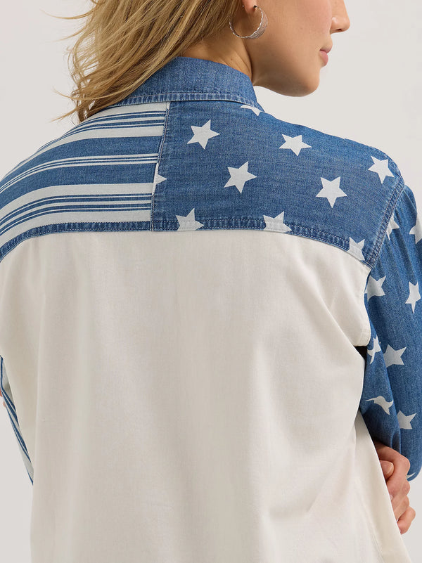 Wrangler Ladies Pieced Boyfriend Denim Western Snap Shirt - Stars N Stripes - 112362252