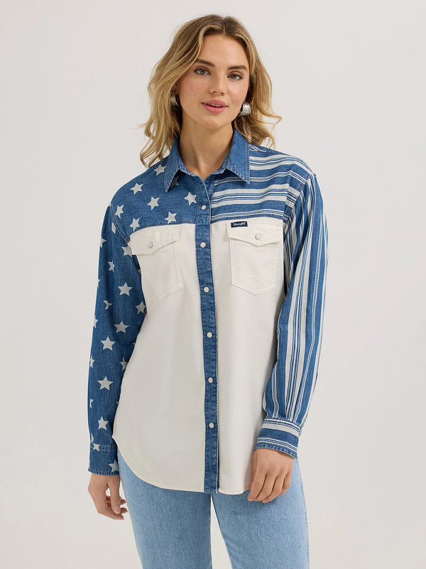 Wrangler Ladies Pieced Boyfriend Denim Western Snap Shirt - Stars N Stripes - 112362252