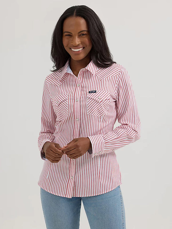 Wrangler Ladies All Occasion Red Stripe Western Snap Shirt-112364271