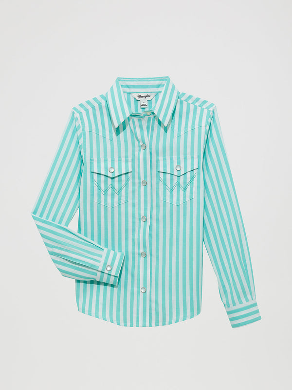 Wrangler Girls Striped Western Snap Teal Shirt-112364308