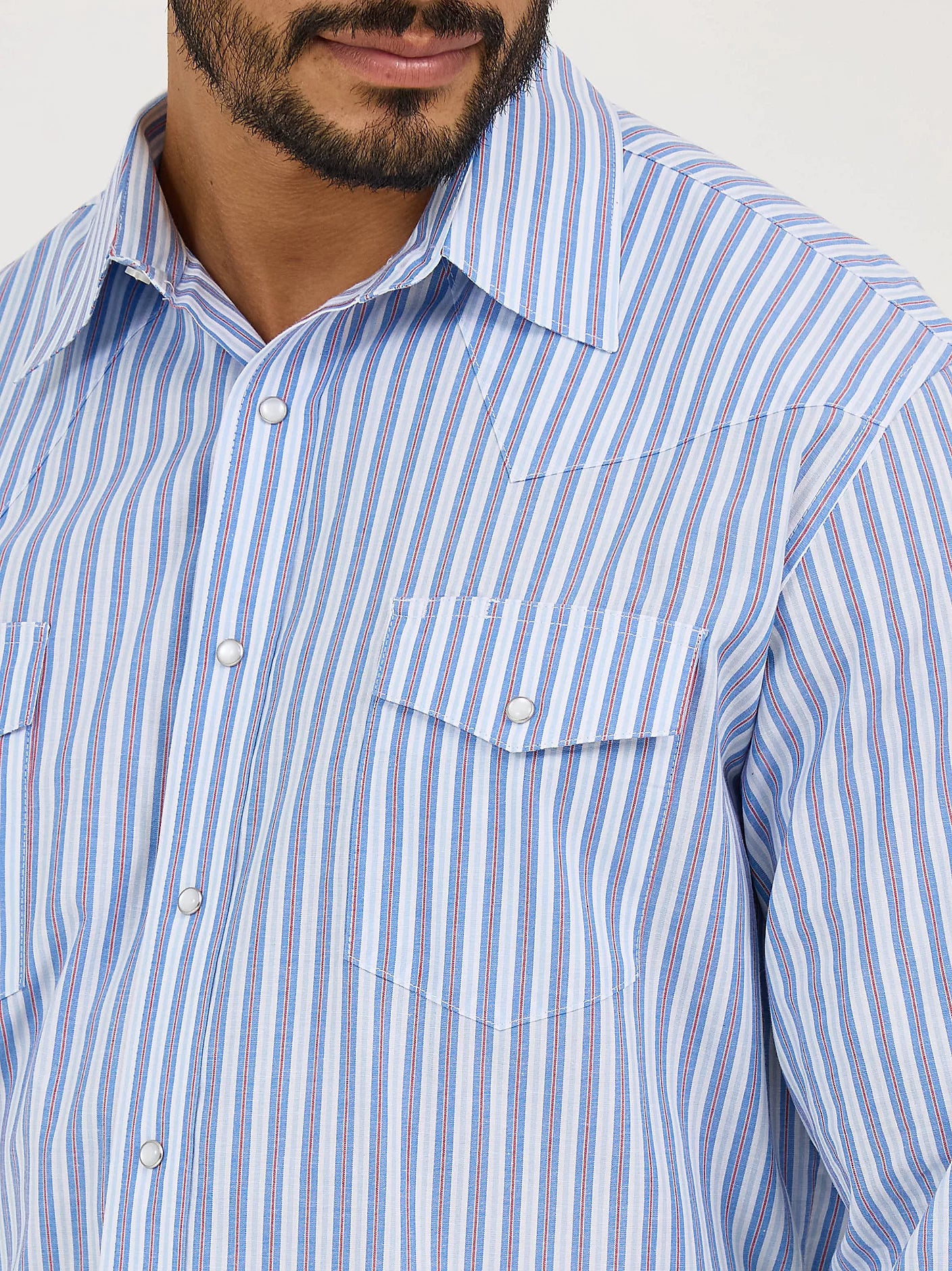 Wrangler Men's Wrinkle Resist Long Sleeve Blue Snap Stripe Shirt-112365848