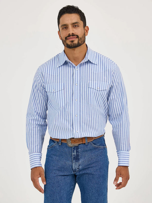 Wrangler Men's Wrinkle Resist Long Sleeve Blue Snap Stripe Shirt-112365848