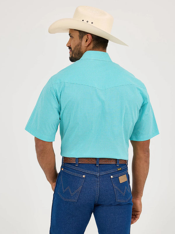 Wrangler Men's Wrinkle Resist Short Sleeve Turquoise Snap Plaid Shirt-112365853