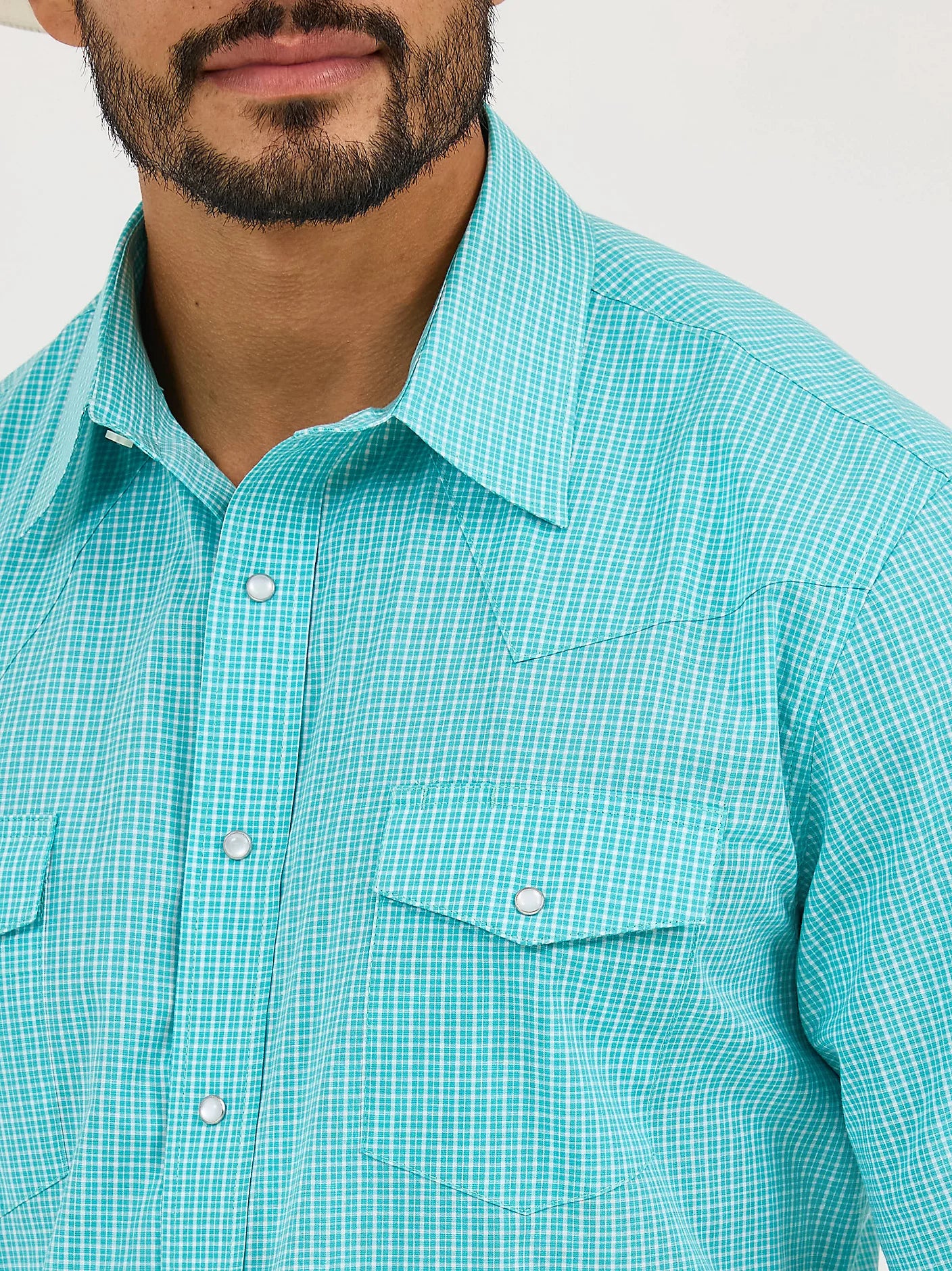 Wrangler Men's Wrinkle Resist Short Sleeve Turquoise Snap Plaid Shirt-112365853