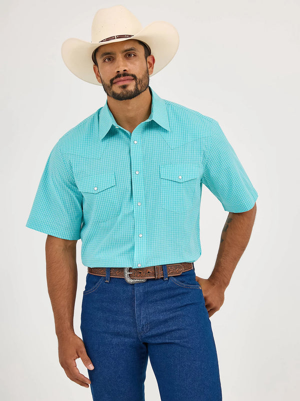 Wrangler Men's Wrinkle Resist Short Sleeve Turquoise Snap Plaid Shirt-112365853