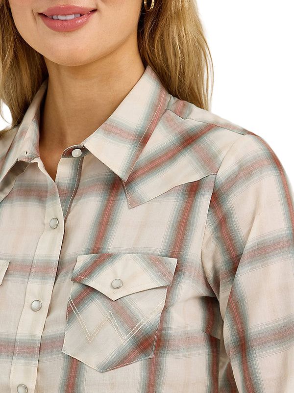 Wrangler Ladies Creamy Plaid Long Sleeve Snap Shirt-112367227