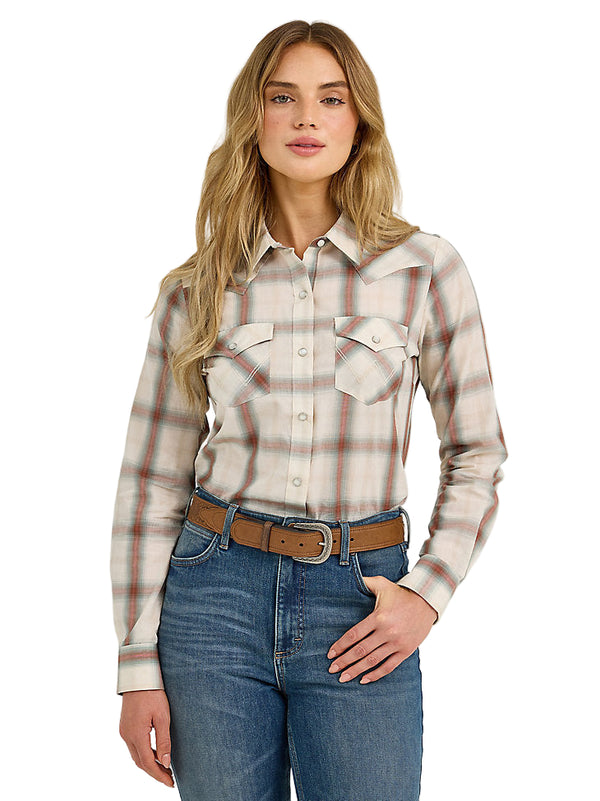 Wrangler Ladies Creamy Plaid Long Sleeve Snap Shirt-112367227