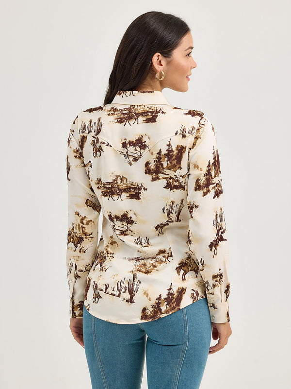 Wrangler Ladies Bold Bucking Cowboy Western Snap Shirt-112367229