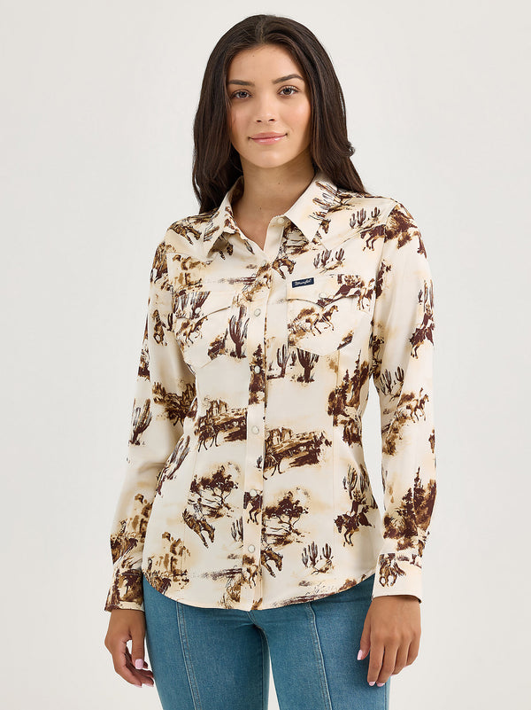 Wrangler Ladies Bold Bucking Cowboy Western Snap Shirt-112367229