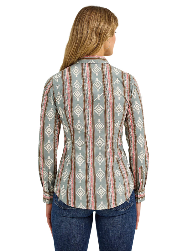 Ladies Wrangler Retro Southwestern Stripe Western Snap Shirt - Dusty Stripe - 112367279