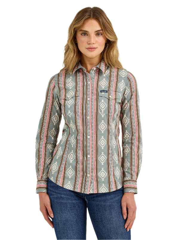 Ladies Wrangler Retro Southwestern Stripe Western Snap Shirt - Dusty Stripe - 112367279