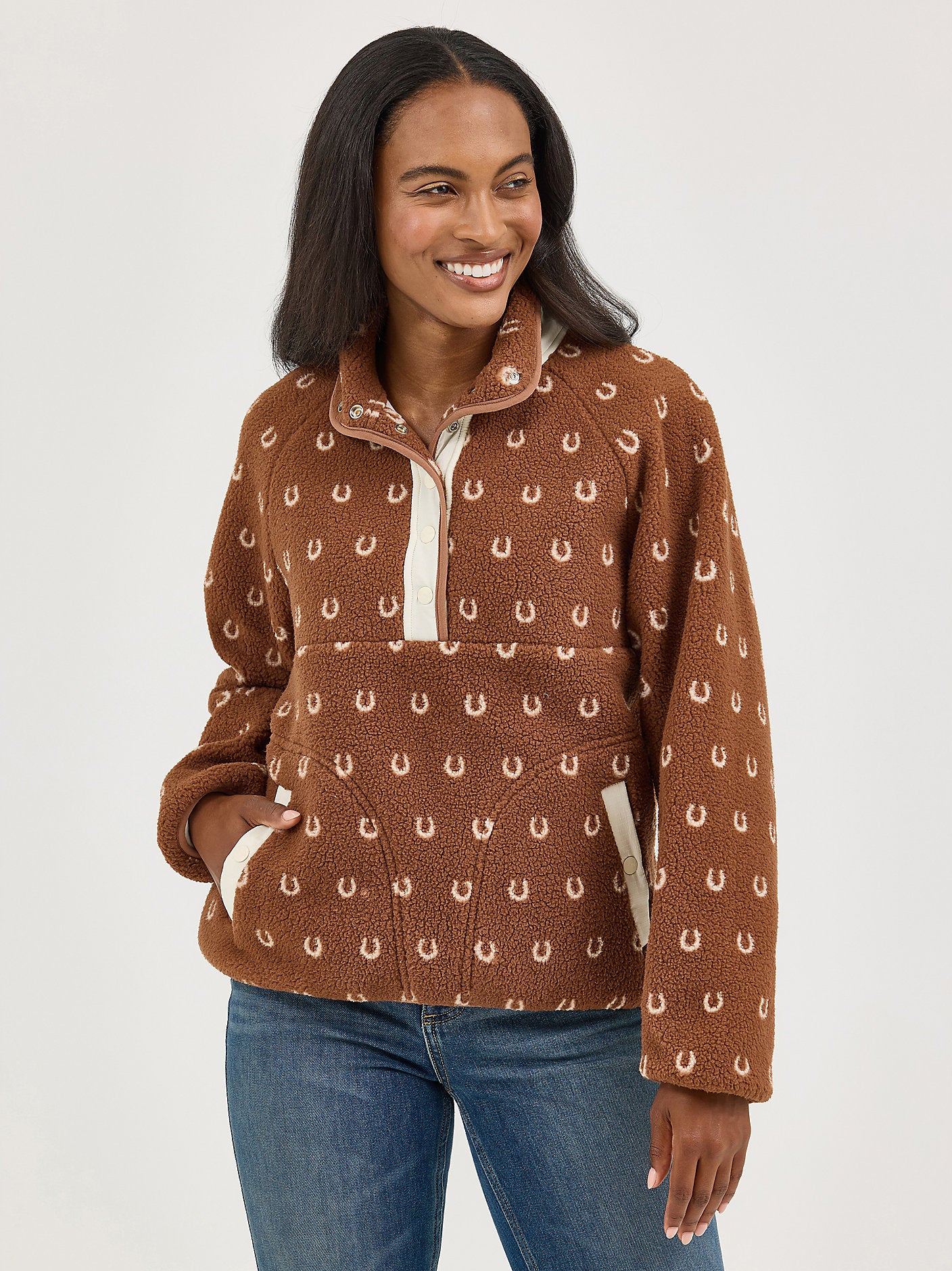 Wrangler Ladies Retro Brown Half-Snap Sherpa Pullover-112367338