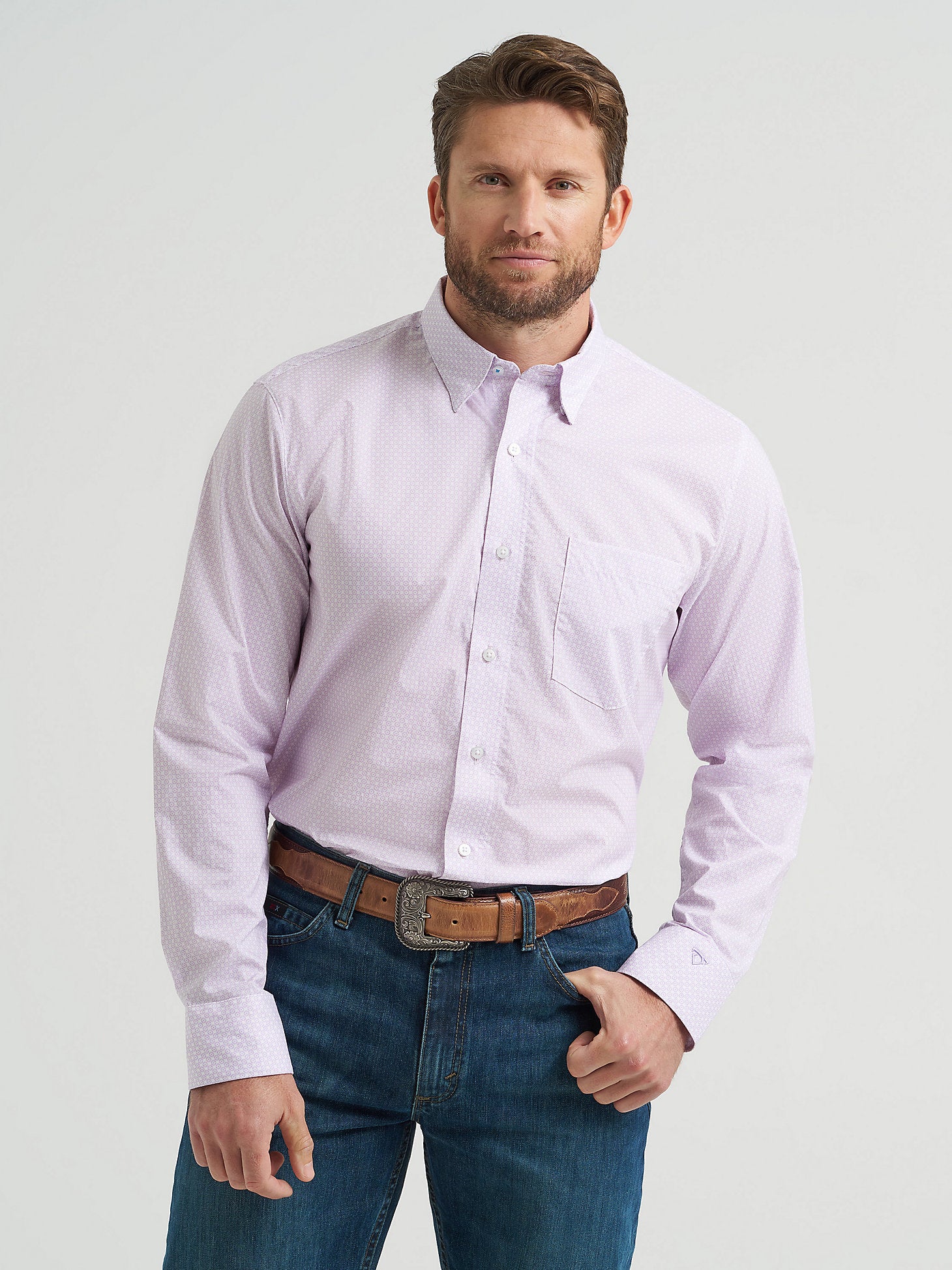 Wrangler Mens Cody Johnson Lilac Squares One Pocket Button Down Shirt-112368023