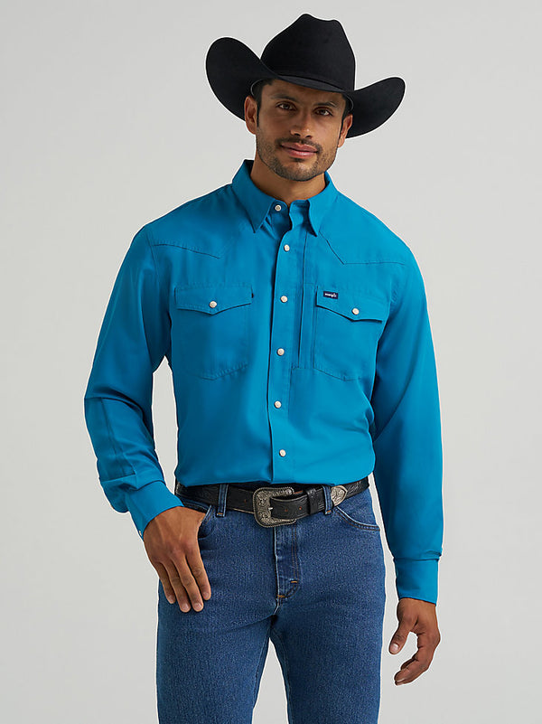 Wrangler Mens Teal Performance Snap Long Sleeve Solid Shirt-112368051