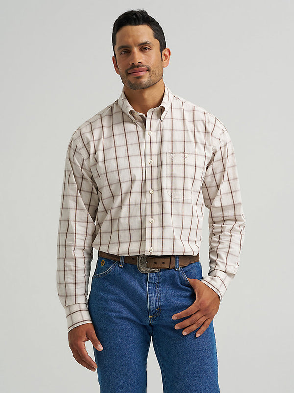Wrangler Mens George Strait Ecru Plaid Long Sleeve Shirt-112368227