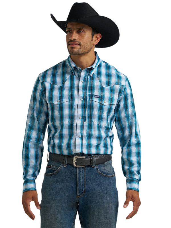 Wrangler Mens Performance Long Sleeve Blue Plaid Shirt-112368292