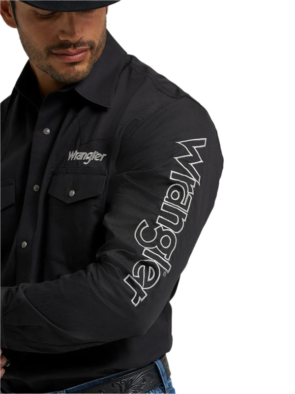 Wrangler Mens Logo Black Long Sleeve Western Snap Shirt-112368538