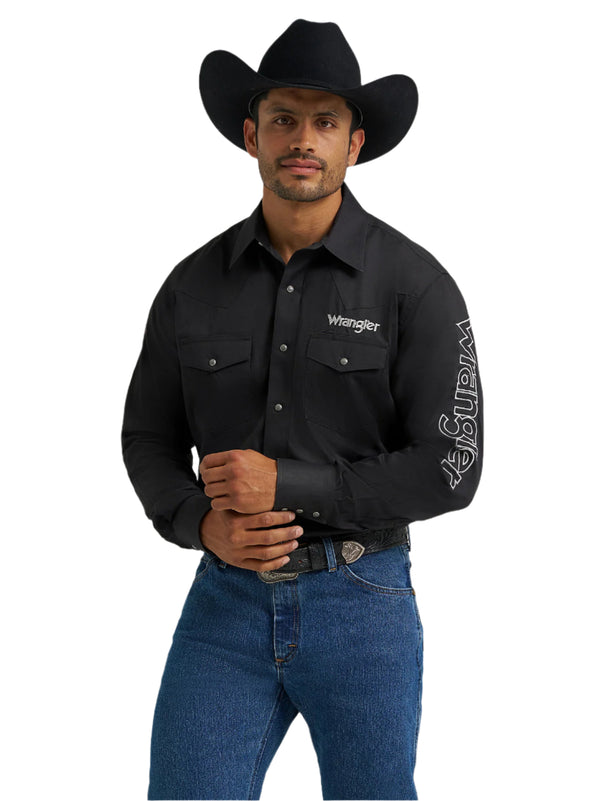 Wrangler Mens Logo Black Long Sleeve Western Snap Shirt-112368538