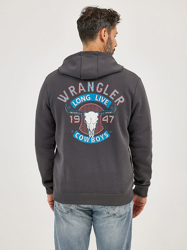Wrangler Mens Worn Grey Long Live Cowboys Pullover Hoodie-112368743