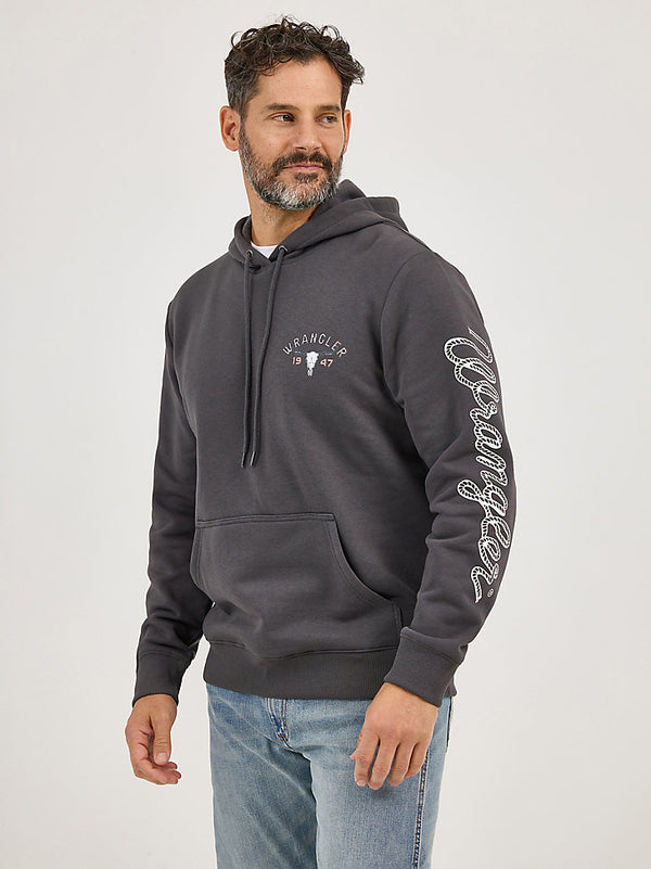Wrangler Mens Worn Grey Long Live Cowboys Pullover Hoodie-112368743