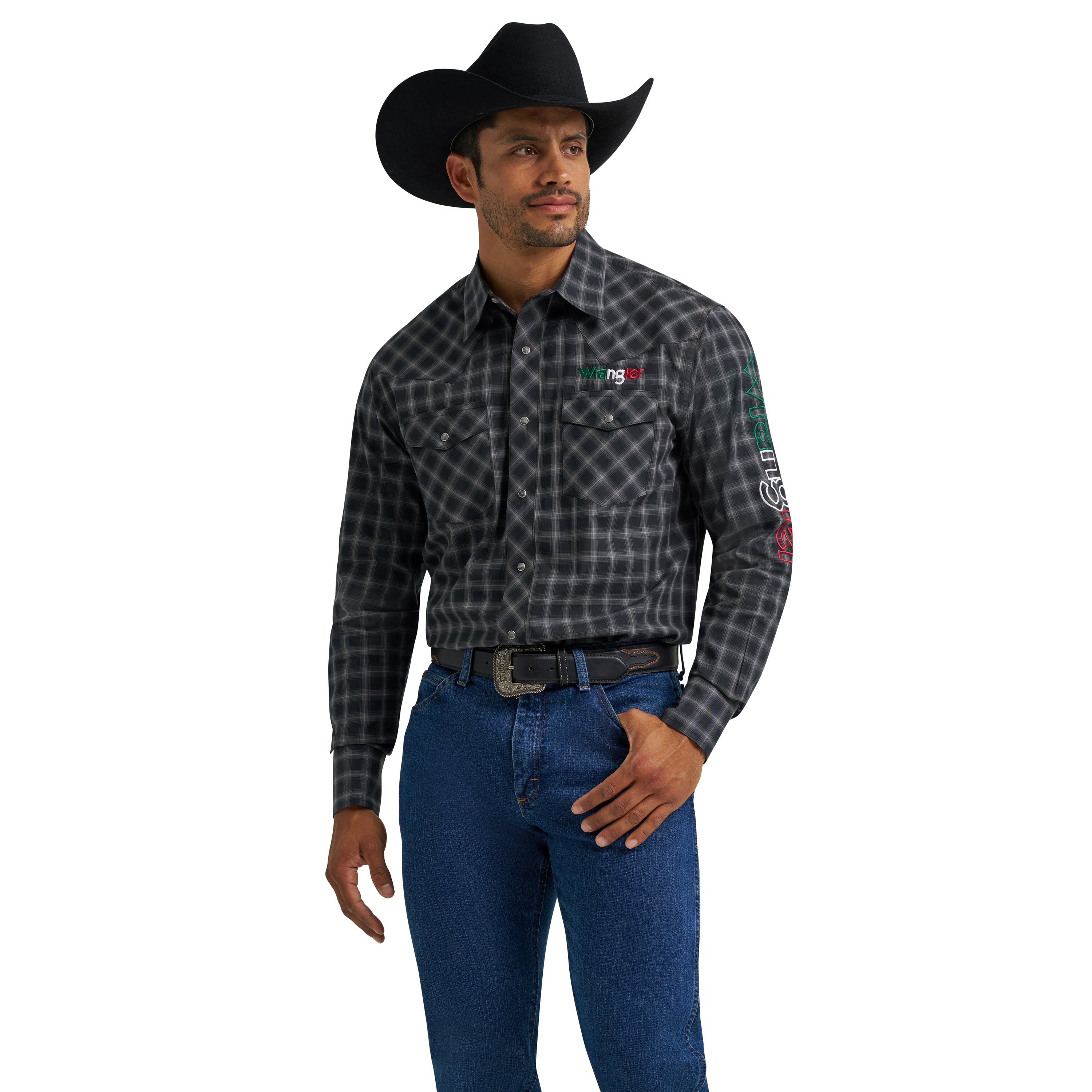 Wrangler Men's Black Plaid Western Logo Snap Shirt-112369436