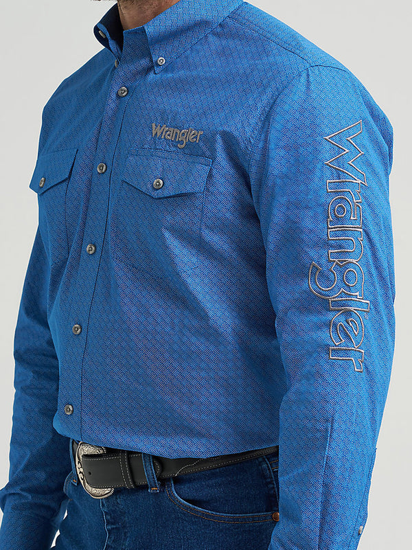 Wrangler Mens Cerulean Hatch Logo Long Sleeve Button Down Print Shirt-112369443