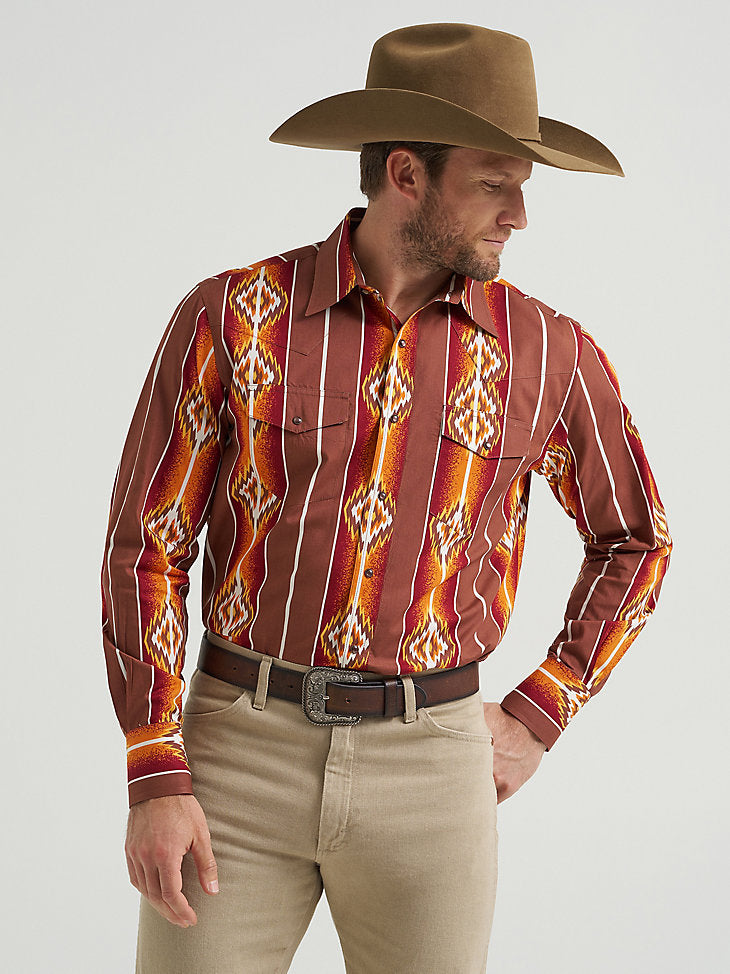 Wrangler Mens Sunset Orange Checotah Long Sleeve Button Up-112369466